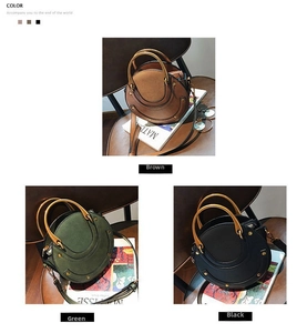 Detailed comparison of round crossbody bags in brown, green, and black matte finishes