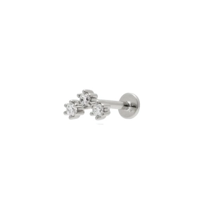Macro shot of S925 sterling silver flat back stud earring with three clear zircons