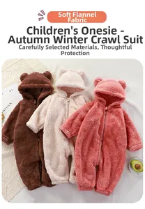 Ensemble de trois barboteuses à capuche avec oreilles d'ours et zip en marron beige rose