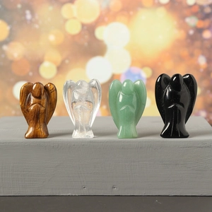 Set of four 1.5 inch carved crystal angel figurines in tiger eye, quartz and obsidian