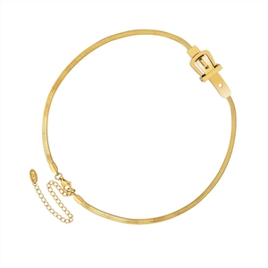 Golden snake chain necklace with buckle design and K18 hallmark on white background