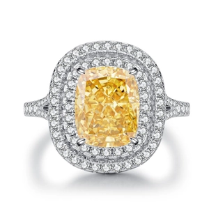 Luxurious S925 silver ring featuring cushion cut yellow gemstone with double diamond halo