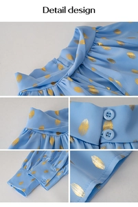 Detailed views of women's blue long sleeve blouse with gold polka dots and stand collar