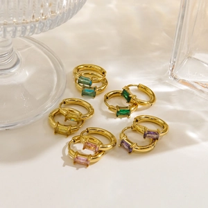 18K gold plated stainless steel hoop earrings with colorful rectangular zircon stones