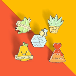 5-piece creative cartoon enamel pin set with bee leaf and potted plant designs