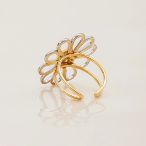 Two-tone silver and gold hollow flower open ring made of durable stainless steel