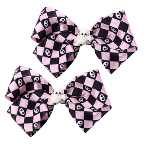 Halloween ghost bow hair clips with pink and black skull checkerboard patterns