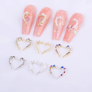 Symmetrical Heart Nail Art Charms Alloy Rhinestone Artificial Pearl Curved Hollow Manicure Decorations Luxury Sweet Style For Women