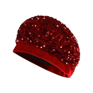 Sparkly red sequin beret hat for women with vintage style and velvet fabric details