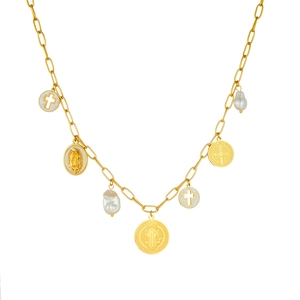 Golden necklace with oval Virgin Mary medal, St. Benedict coin, crosses and pearls on white