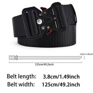 Detail of black tactical belt with 12KN heavy duty metal buckle and 3.8cm nylon webbing