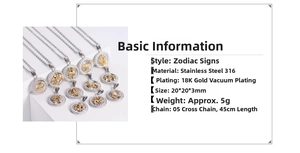 Détail des pendentifs zodiaque en acier 316 avec plaquage or 18K et dimensions de chaîne