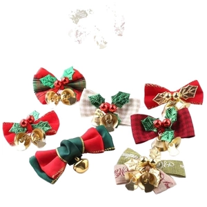 Set of 6 Christmas ribbon bows featuring festive bells and holly leaves on white backdrop