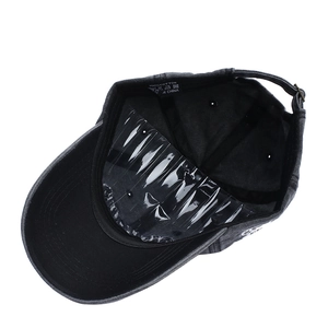 Detail view of 100% cotton washed baseball cap interior with metal adjustable buckle