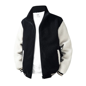 Men's sherpa fleece jacket with contrast sleeves, stand collar and ribbed trim