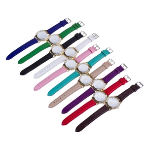 Detailed grid of quartz watches with colorful leather straps and diamond-set bezels