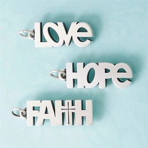 Silver stainless steel pendants engraved with LOVE, HOPE, and FAITH with cross detail