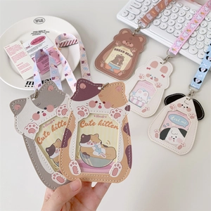 Cartoon Animal ID Card Holder PU Leather Badge Sleeve With Lanyard Cute Kawaii Dog Cat Bear Rabbit For Student Girl