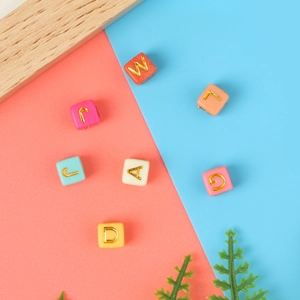 Colorful 6mm square acrylic alphabet beads with gold lettering for DIY jewelry making