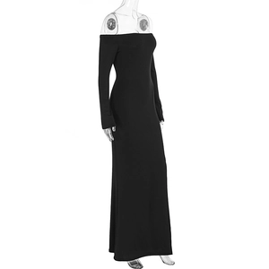 Detail of elegant black off-the-shoulder long sleeve maxi dress with slim fit design