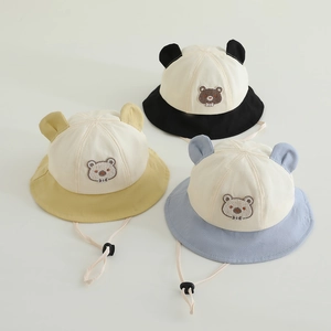 Kids Cartoon Animal Polyester Bucket Hat With Bear Rabbit Ears Adjustable Windproof Rope Sun Protection Fisherman Hat