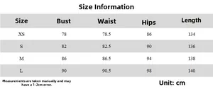 Detailed size chart for the backless halter maxi dress with measurements in centimeters