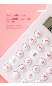 Detail of round soft silicone buttons on a white cartoon calculator with pink accents