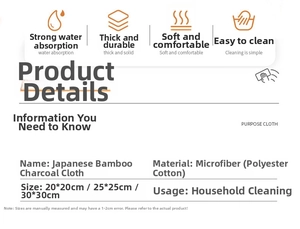 Detailed size chart for thick bamboo charcoal microfiber cleaning cloths for kitchens