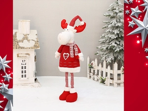 Detail of Christmas reindeer figurine with telescopic legs in red and white knit outfit