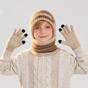 Kids winter 3-piece knit set with striped beanie hat, neck warmer, and touchscreen gloves