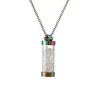 Rainbow stainless steel perfume bottle pendant with white crystal stones detail