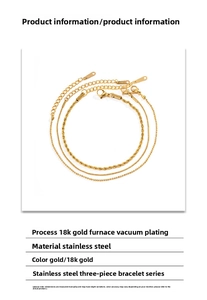 Detailed specs of 18K gold plated stainless steel wave, snake, and bead chain bracelet set