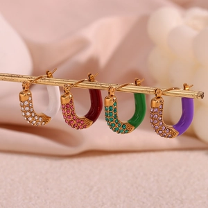U-shaped gold plated stainless steel earrings with colorful enamel and zircon inlay