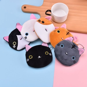 Plush Cat Head Coin Purse Kawaii Animal Embroidered Earphone Organizer Pouch Soft Storage Bag Pendant Accessory For Girls