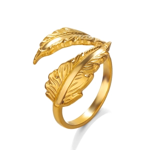 Adjustable golden stainless steel feather open ring with detailed engraved texture