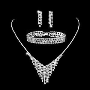 Luxurious bridal jewelry set with sparkling rhinestones including necklace earrings and bracelet