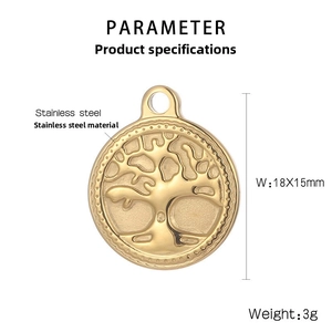 Detail view of a 18x15mm golden stainless steel tree of life charm with dimensions