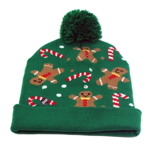 Detail of LED power button on green knitted Christmas hat with gingerbread pattern