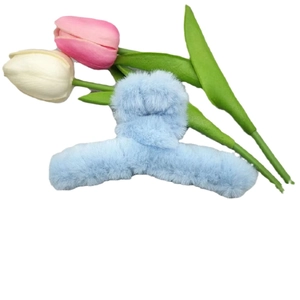 Light blue 11cm large plush hair claw clip for women with soft faux fur texture