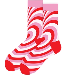 Mid-calf socks featuring vibrant red and pink rotating heart patterns on a white background