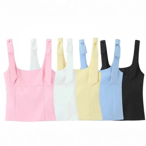 Women Tank Top Bow Shoulder Straps Square Neck Slim Fit Cropped Sleeveless Cami Polyester Sweet INS Style Top