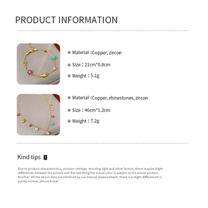 Detailed size and material specs for gold plated flower ladybug necklace and bracelet