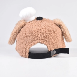 Brown teddy fleece baseball cap with puppy ears and chef doll for kids, back view detail