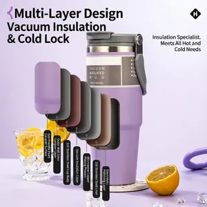 30oz purple insulated stainless steel travel mug with straw and handle explosion view