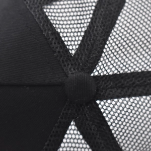 Close-up of black cotton baseball cap showing top button and breathable mesh texture