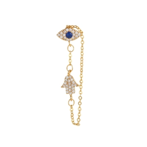Hamsa Hand and Evil Eye gold chain earring with blue crystal and pave stones