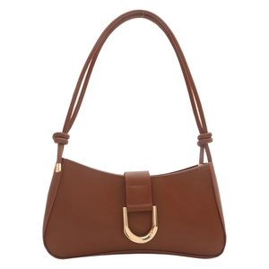 Vintage brown leather underarm bag with a golden U-shaped buckle and knot shoulder strap