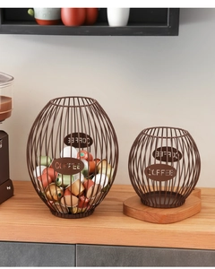 Nordic style brown metal wire coffee pod holder basket with COFFEE cutout detail