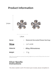 Detail view showing dimensions and materials of floral rhinestone stud earrings