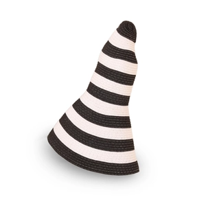 Detail of cone-shaped straw hat with striped pattern and fine woven texture